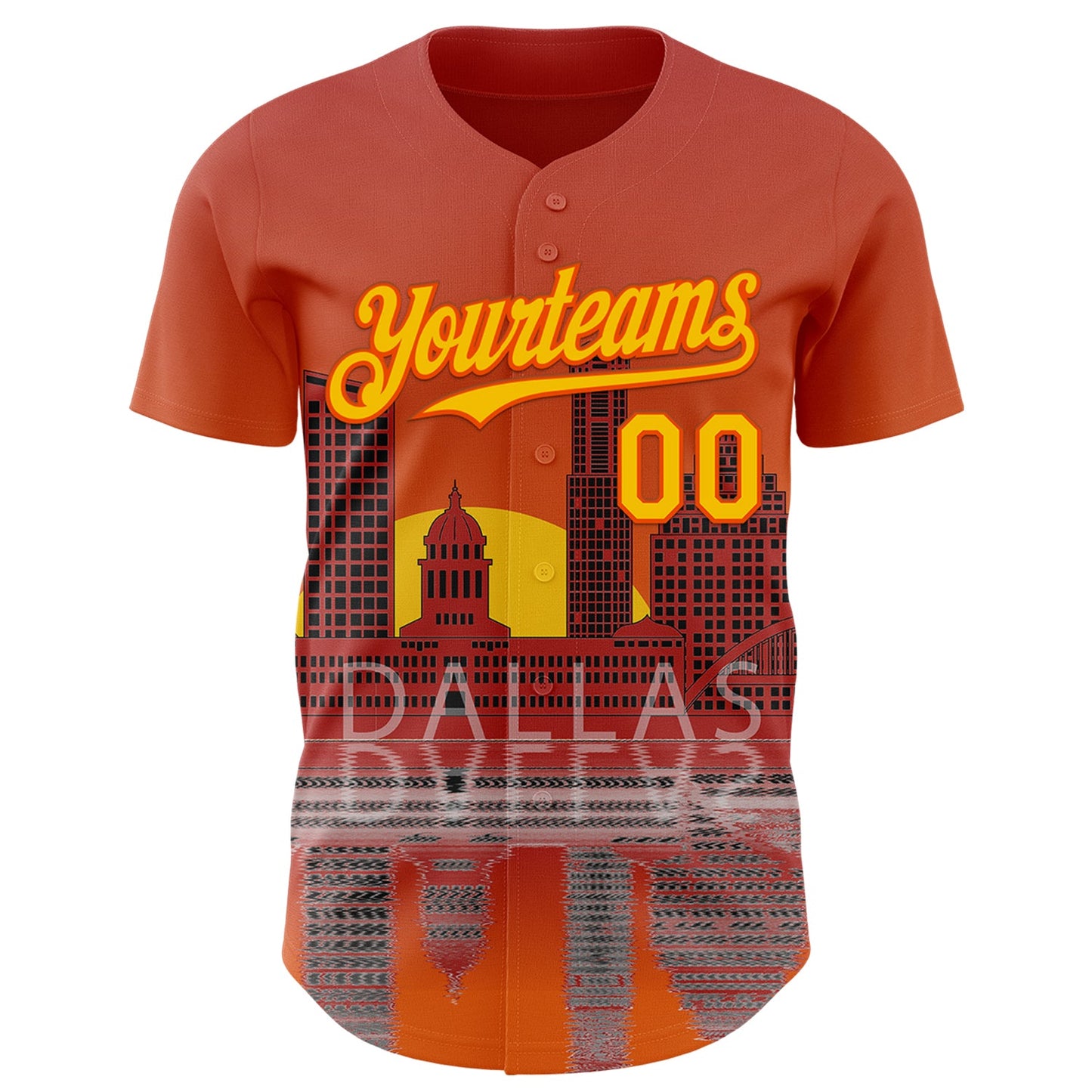 Custom Orange Yellow Dallas Texas Sunset Cityscape Landmark City Symbol Authentic Baseball Jersey view 2