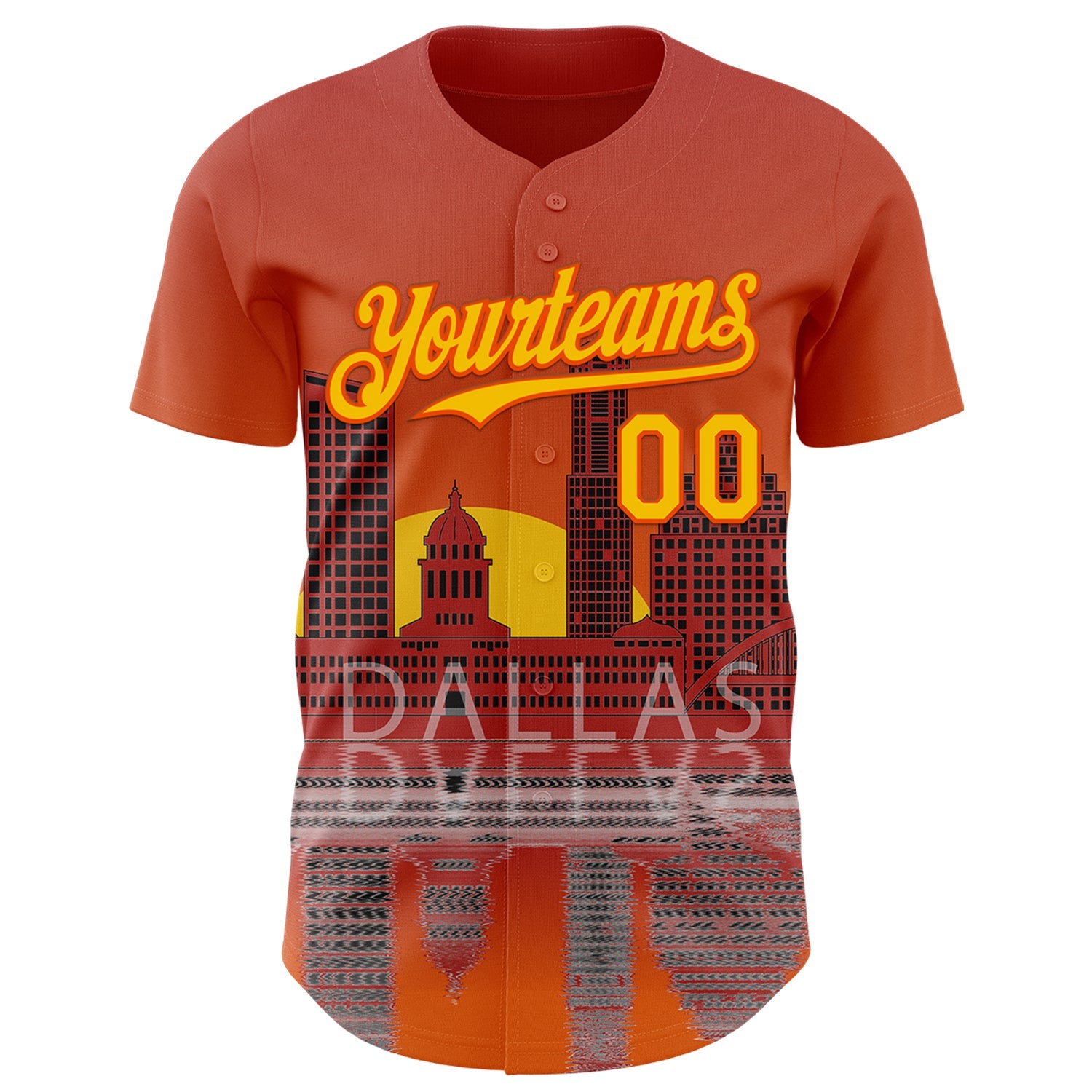 Custom Orange Yellow Dallas Texas Sunset Cityscape Landmark City Symbol Authentic Baseball Jersey view 2