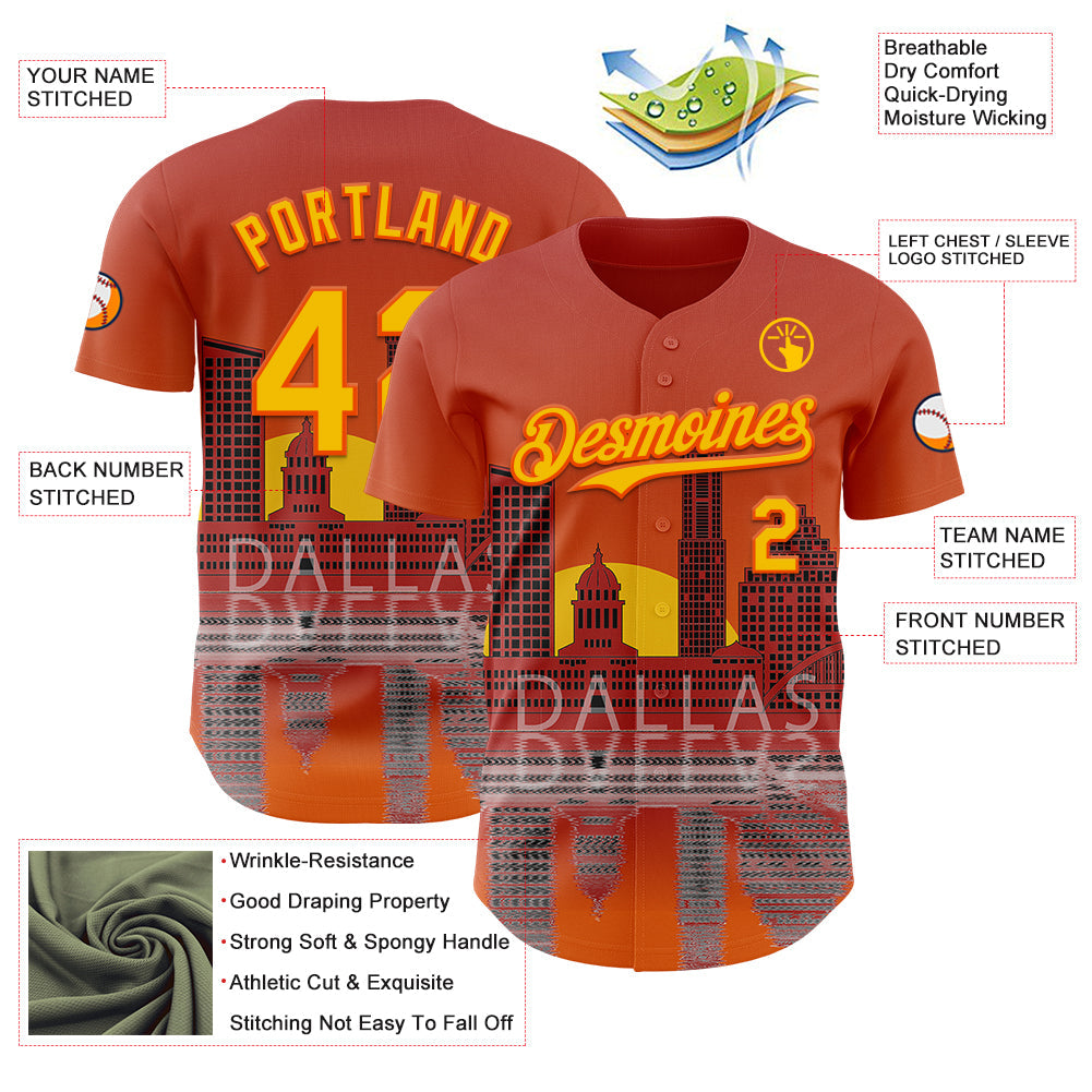 Custom Orange Yellow Dallas Texas Sunset Cityscape Landmark City Symbol Authentic Baseball Jersey view 3