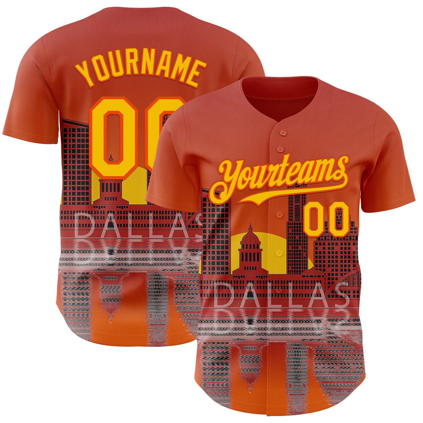 Custom Orange Yellow Dallas Texas Sunset Cityscape Landmark City Symbol Authentic Baseball Jersey - Main View