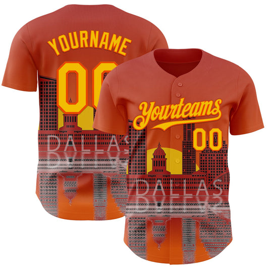Custom Orange Yellow Dallas Texas Sunset Cityscape Landmark City Symbol Authentic Baseball Jersey - Main View