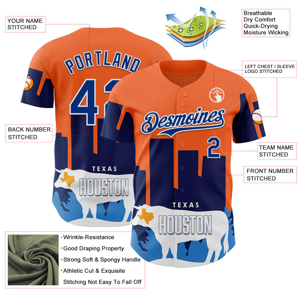 Custom Orange Royal-White Houston Texas Cityscape Landmark City Symbol Authentic Baseball Jersey view 3