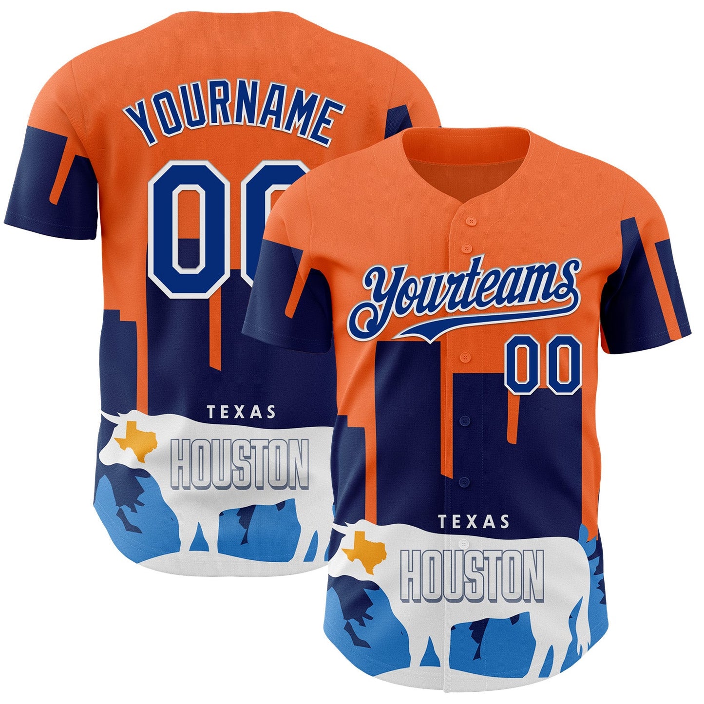 Custom Orange Royal-White Houston Texas Cityscape Landmark City Symbol Authentic Baseball Jersey - Main View