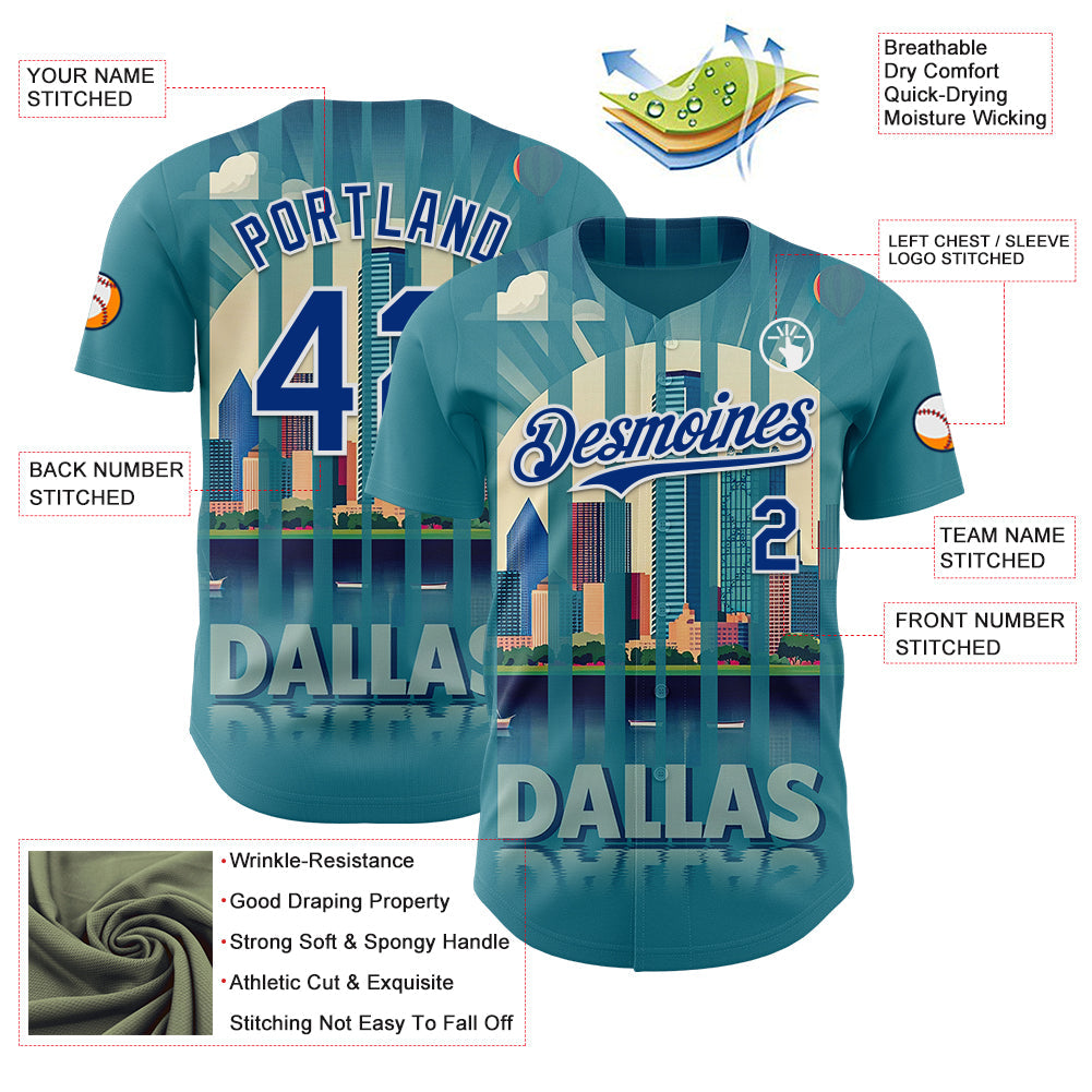 Custom Blue Royal-White Dallas Texas Urban Cityscape Landmark City Symbol Authentic Baseball Jersey view 3
