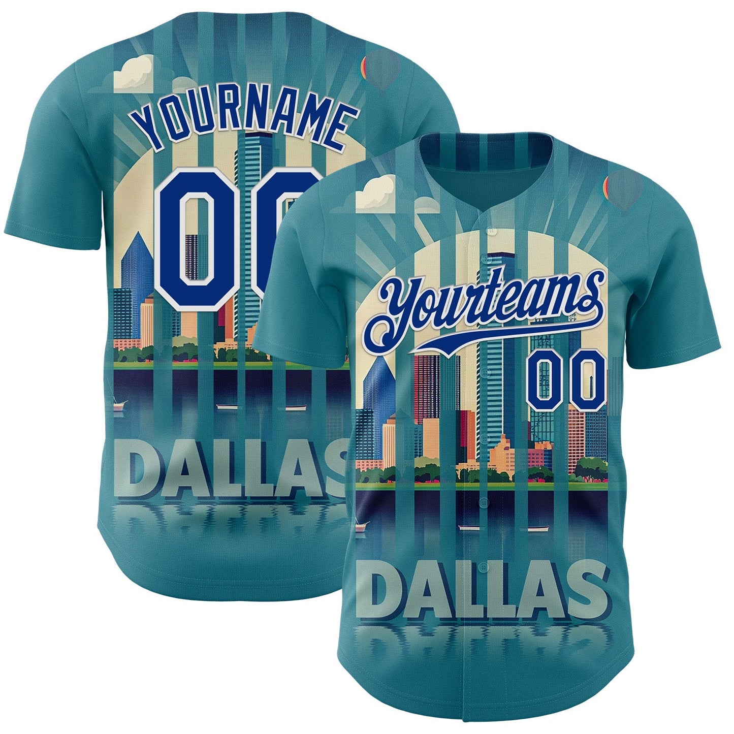 Custom Blue Royal-White Dallas Texas Urban Cityscape Landmark City Symbol Authentic Baseball Jersey - Main View