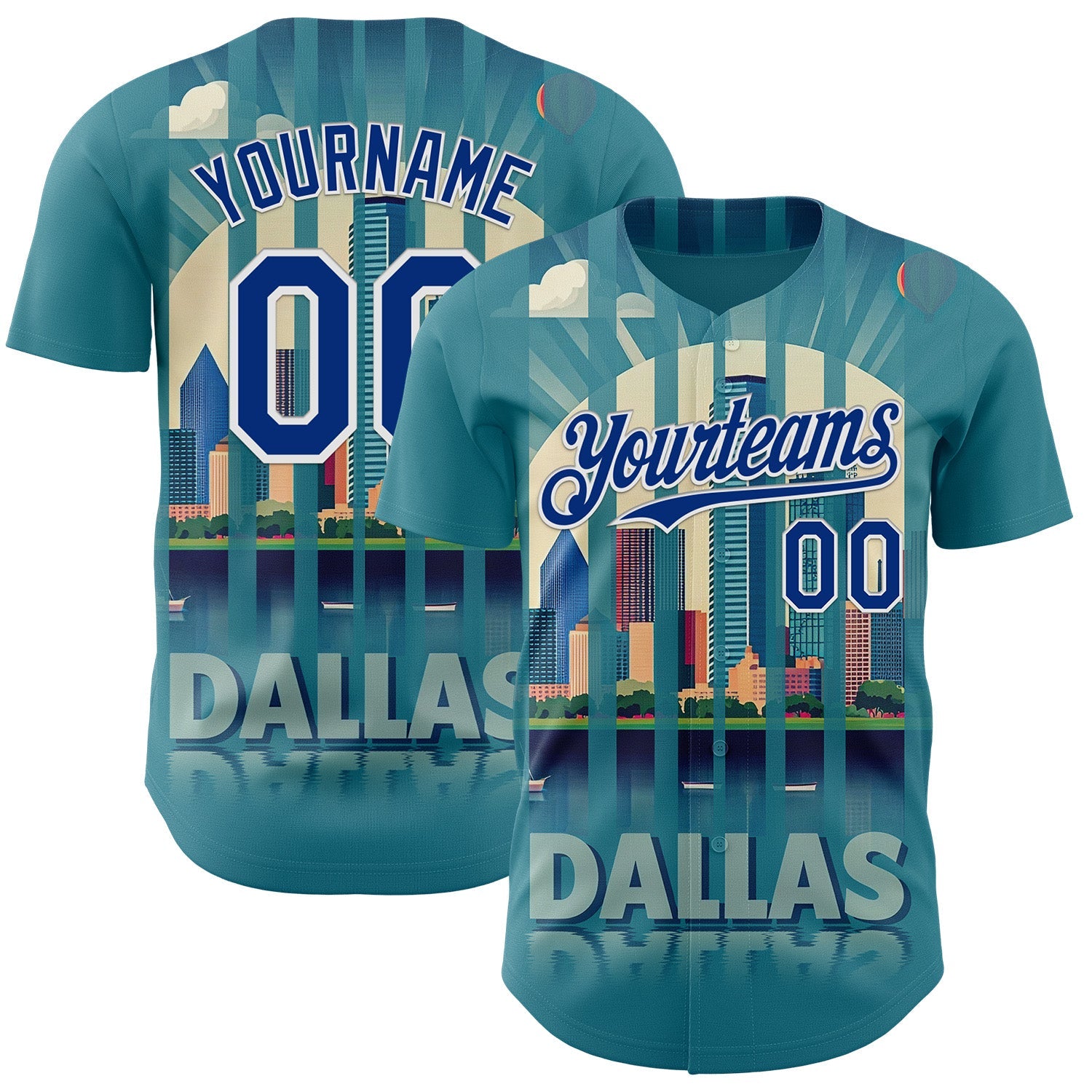 Custom Blue Royal-White Dallas Texas Urban Cityscape Landmark City Symbol Authentic Baseball Jersey - Main View