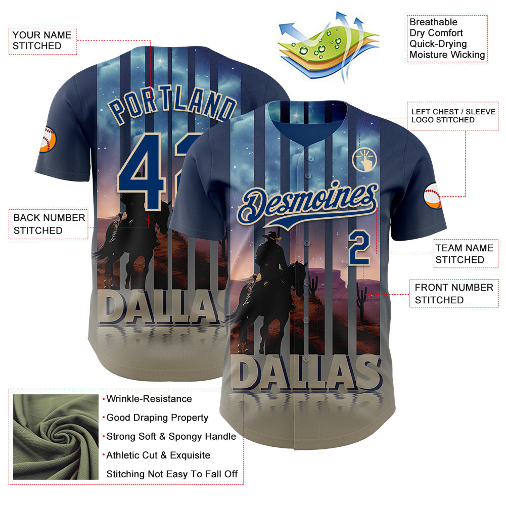 Custom Blue US Navy Blue City Cream-Gray Dallas Texas Western Cowboy City Symbol Authentic Baseball Jersey view 3