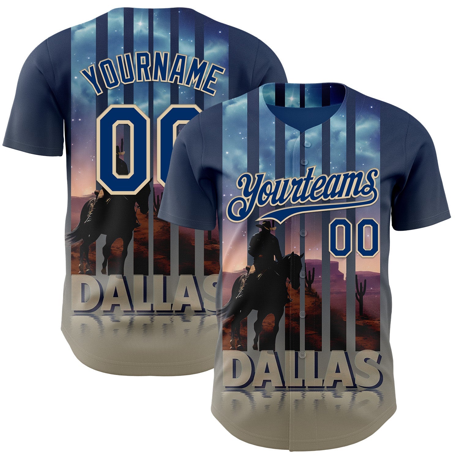 Custom Blue US Navy Blue City Cream-Gray Dallas Texas Western Cowboy City Symbol Authentic Baseball Jersey - Main View