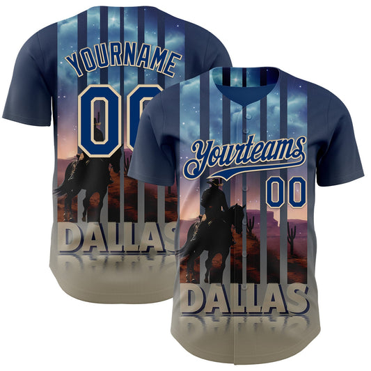 Custom Blue US Navy Blue City Cream-Gray Dallas Texas Western Cowboy City Symbol Authentic Baseball Jersey - Main View