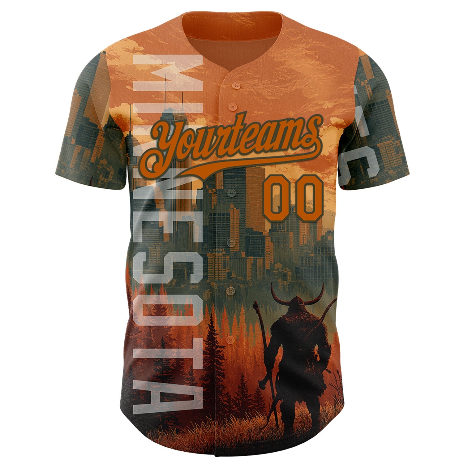 Custom Texas Orange Olive Minnesota Sunset Cityscape Vikings City Symbol Authentic Baseball Jersey view 2