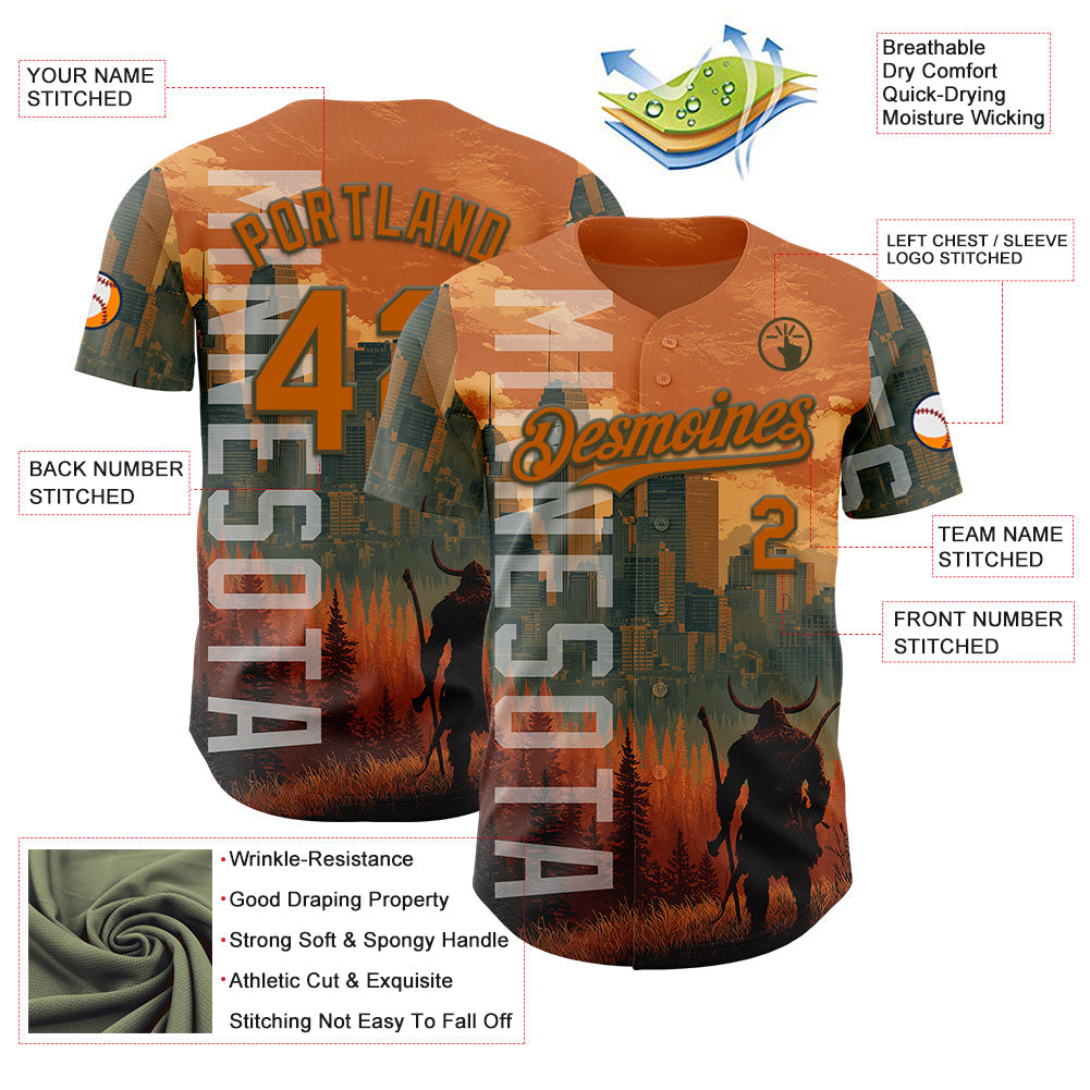 Custom Texas Orange Olive Minnesota Sunset Cityscape Vikings City Symbol Authentic Baseball Jersey view 3