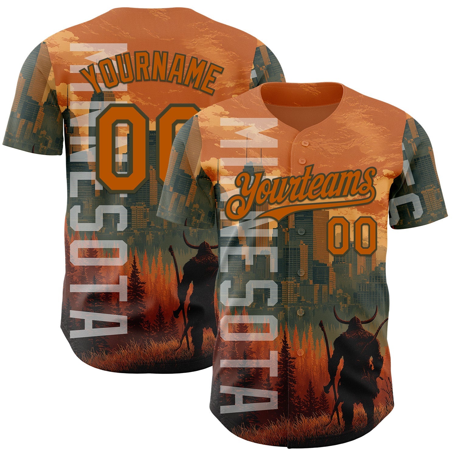 Custom Texas Orange Olive Minnesota Sunset Cityscape Vikings City Symbol Authentic Baseball Jersey - Main View