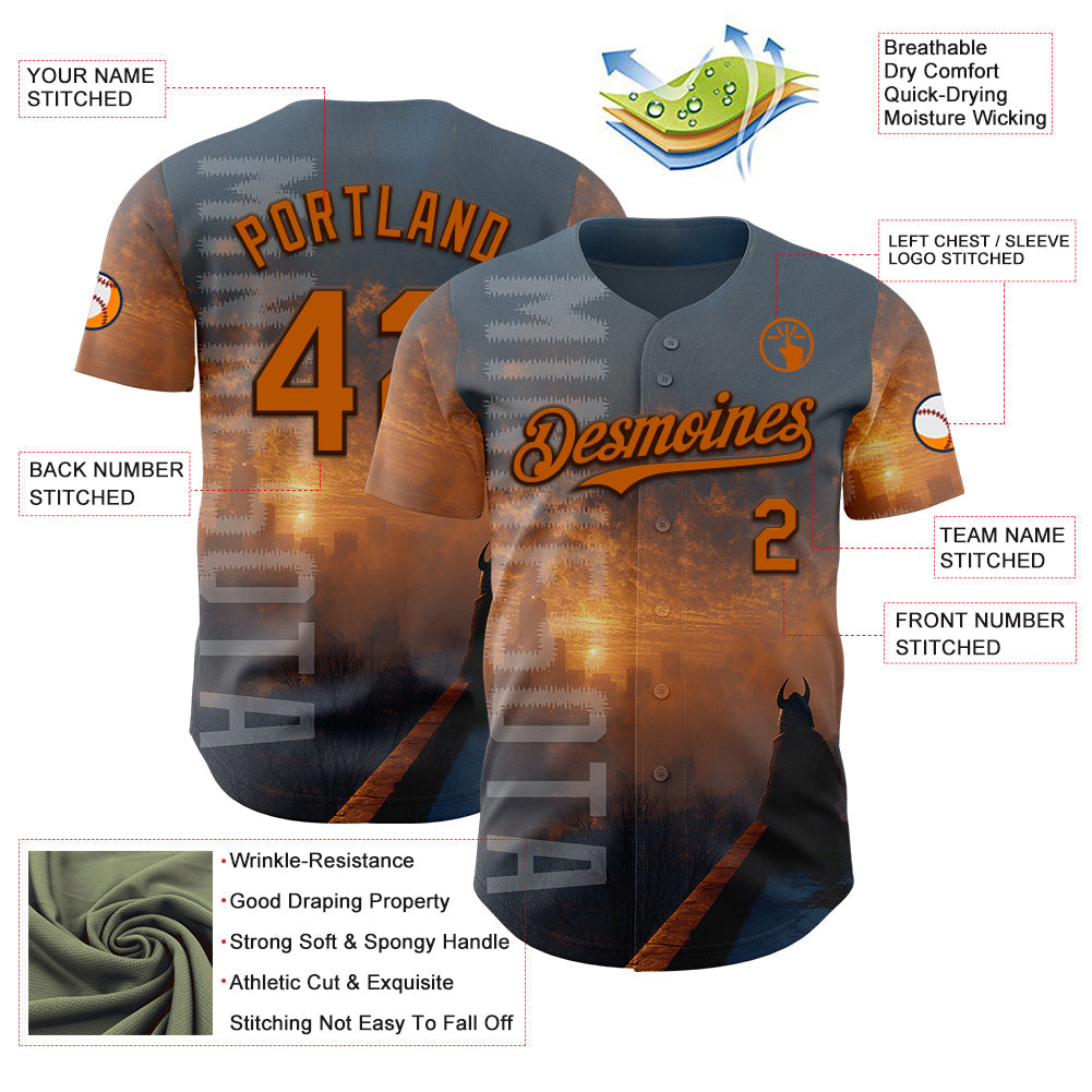 Custom Gray Texas Orange-Brown Minnesota Sunset Cityscape Vikings City Symbol Authentic Baseball Jersey view 3