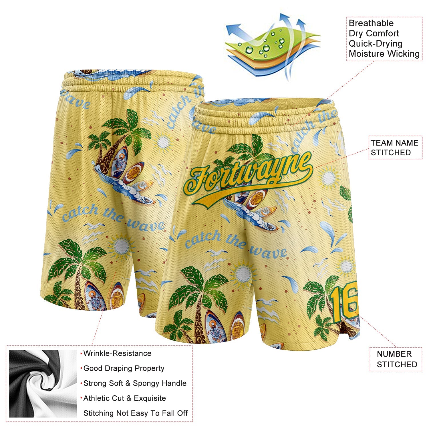 Custom Yellow Kelly Green 3D Pattern Tropical Beach Hawaii Palm Trees Authentic Basketball Shorts view 2