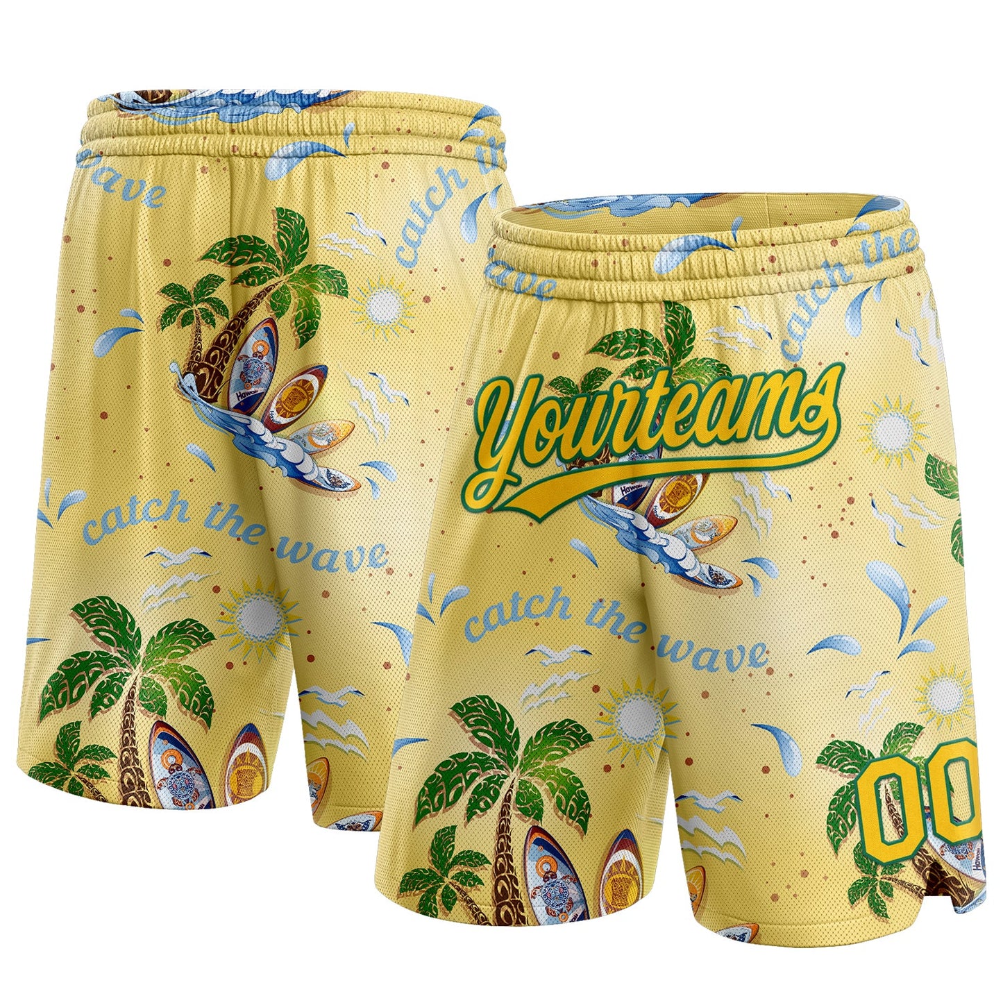 Custom Yellow Kelly Green 3D Pattern Tropical Beach Hawaii Palm Trees Authentic Basketball Shorts - Main View