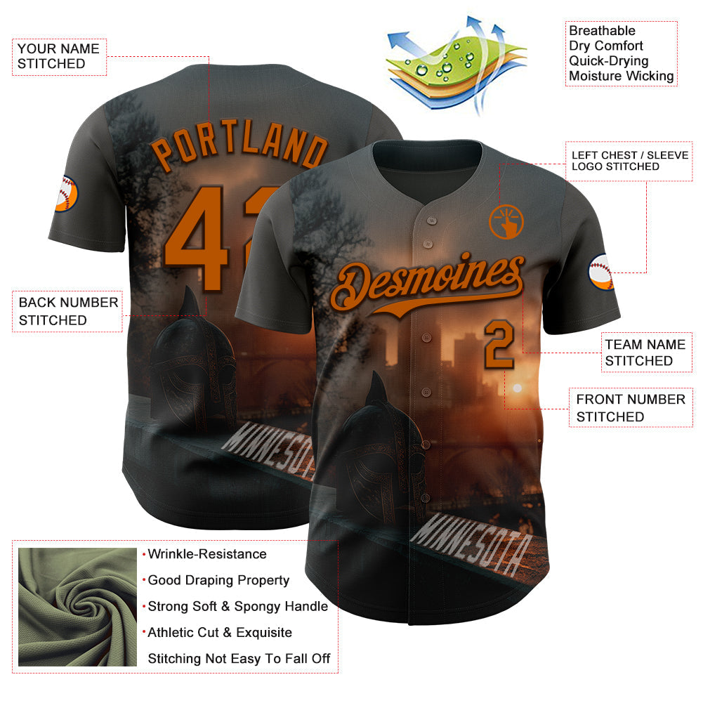 Custom Gray Texas Orange-Brown Minnesota Sunset Cityscape Vikings City Symbol Authentic Baseball Jersey view 3