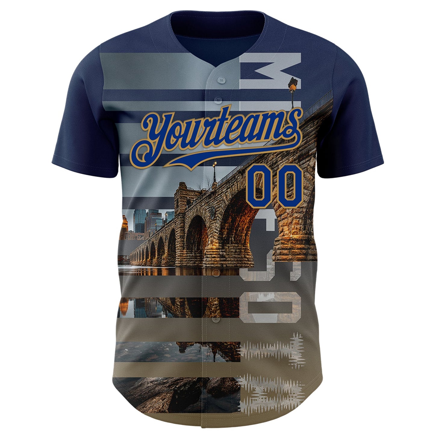 Custom Blue Royal Gray-Old Gold Minnesota Stone Bridge Landmark City Symbol Authentic Baseball Jersey view 2