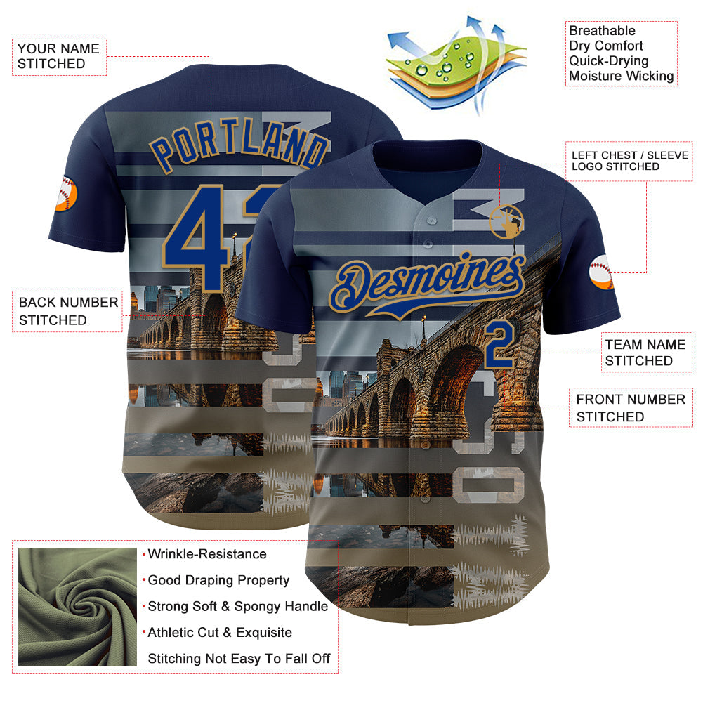 Custom Blue Royal Gray-Old Gold Minnesota Stone Bridge Landmark City Symbol Authentic Baseball Jersey view 3