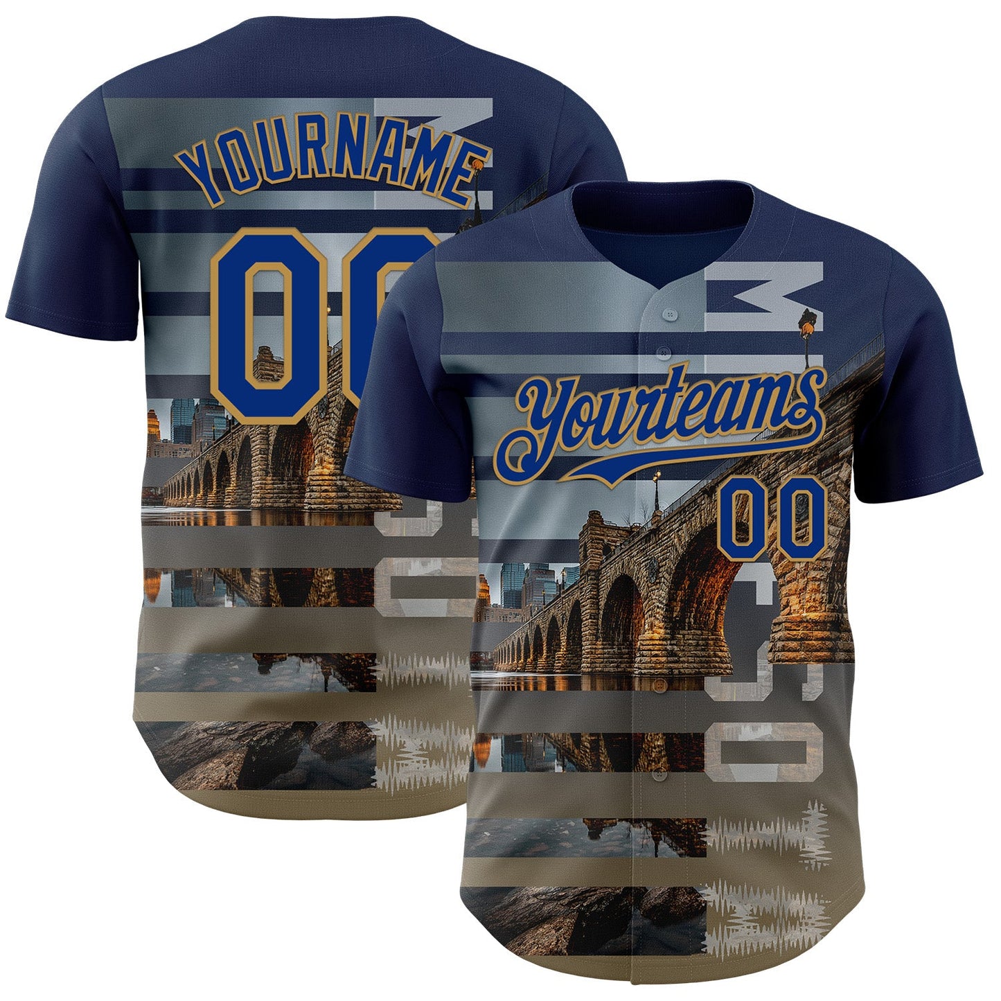 Custom Blue Royal Gray-Old Gold Minnesota Stone Bridge Landmark City Symbol Authentic Baseball Jersey - Main View