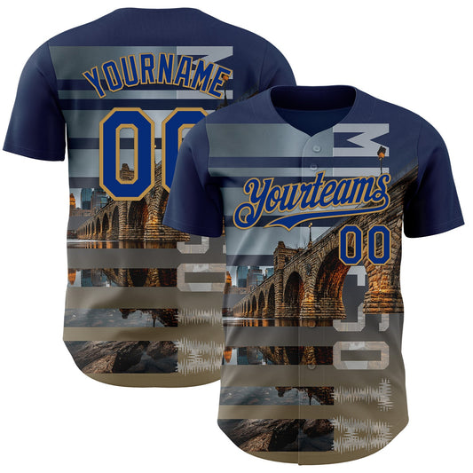 Custom Blue Royal Gray-Old Gold Minnesota Stone Bridge Landmark City Symbol Authentic Baseball Jersey - Main View