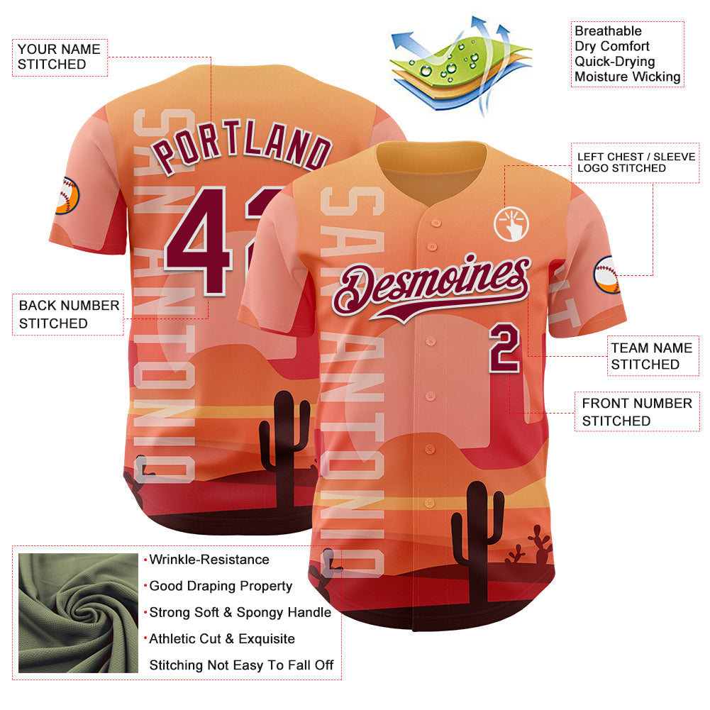 Custom Orange Maroon-White San Antonio Cactus Western Sunset City Symbol Authentic Baseball Jersey view 3
