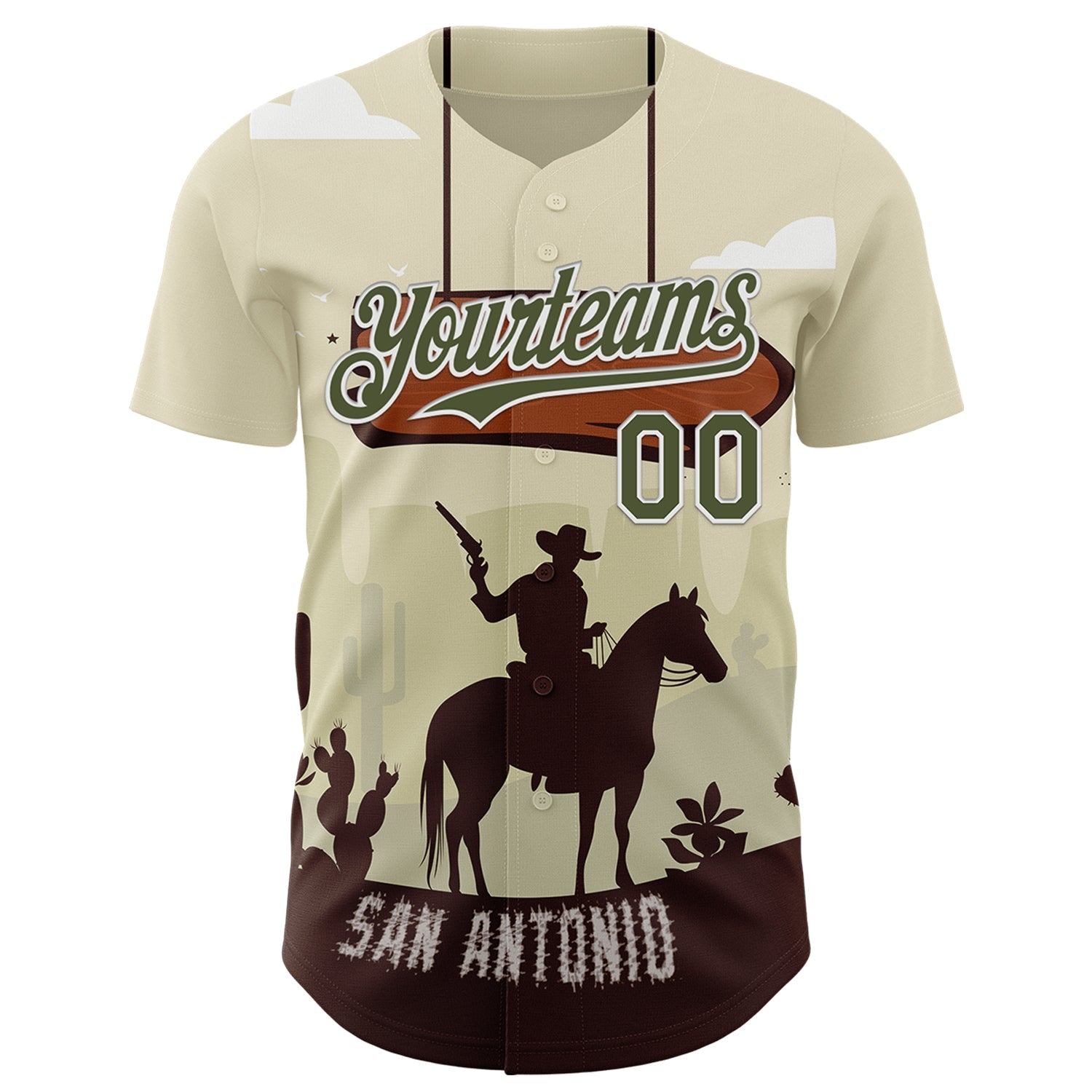 Custom Cream Olive-White San Antonio Texas Western Cowboy City Symbol Authentic Baseball Jersey view 2
