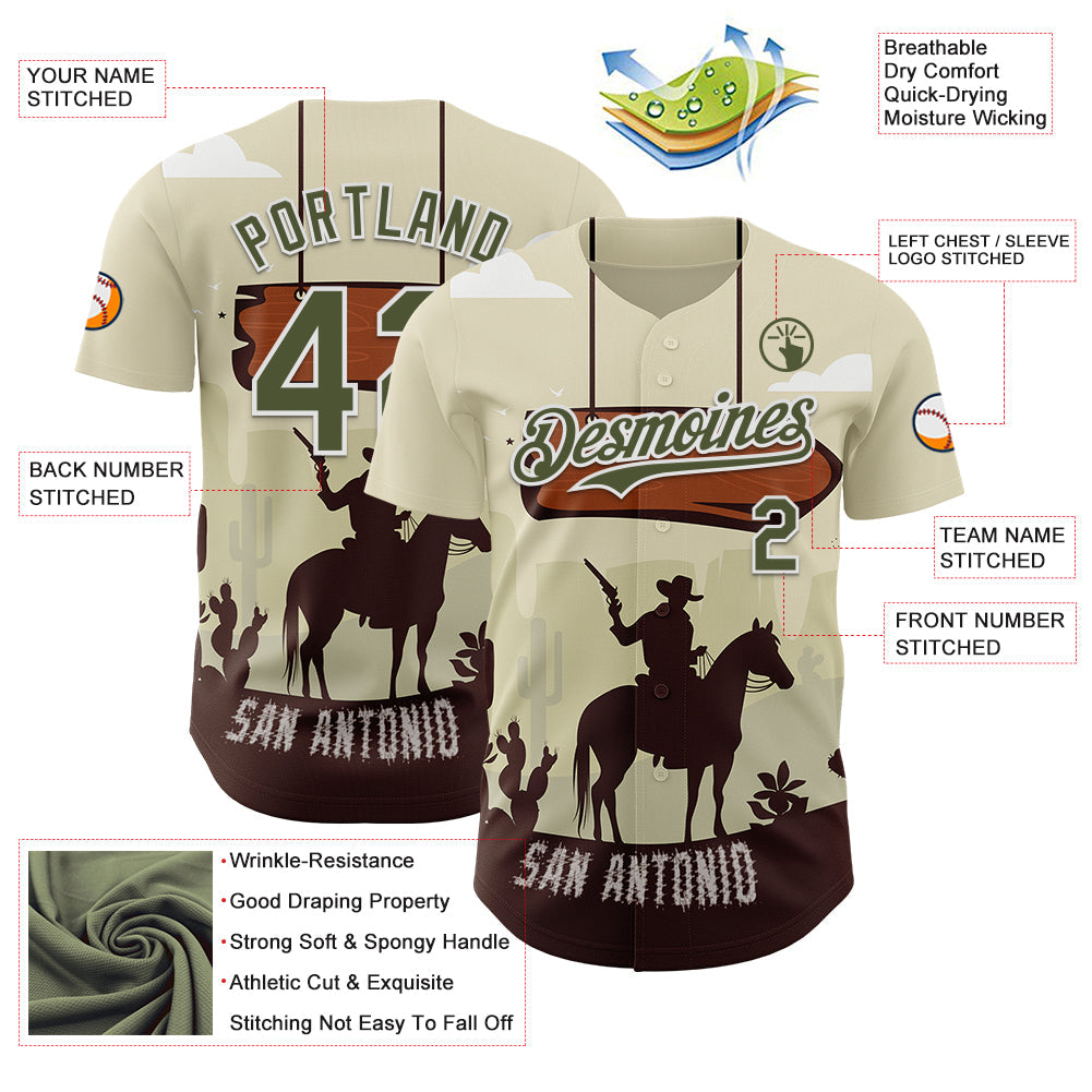 Custom Cream Olive-White San Antonio Texas Western Cowboy City Symbol Authentic Baseball Jersey view 3