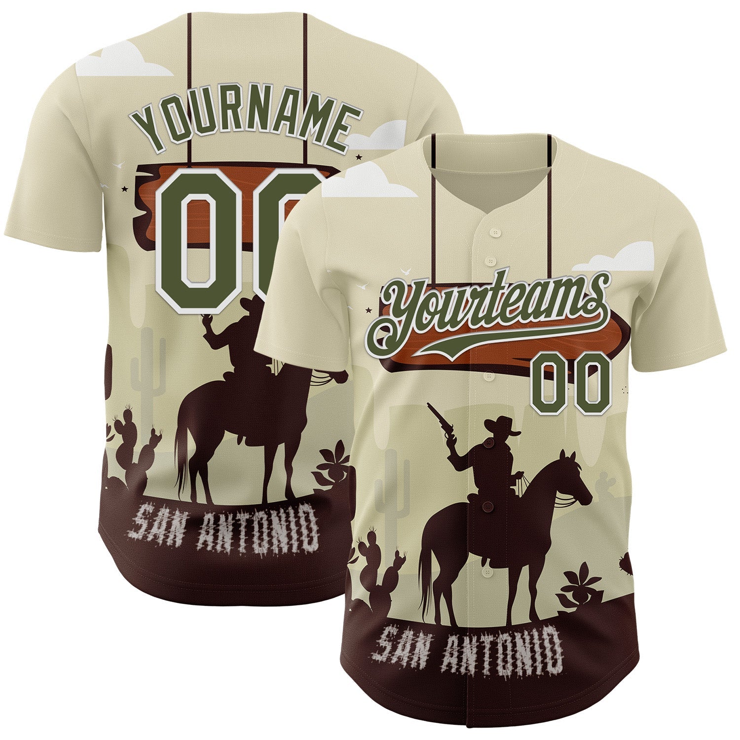 Custom Cream Olive-White San Antonio Texas Western Cowboy City Symbol Authentic Baseball Jersey - Main View