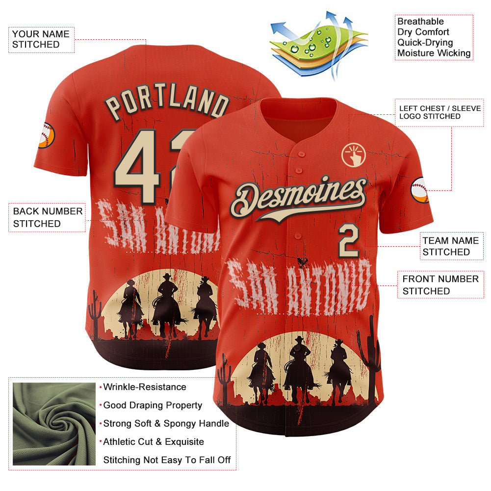 Custom Red City Cream-Black San Antonio Texas Western Cowboy City Symbol Authentic Baseball Jersey view 3