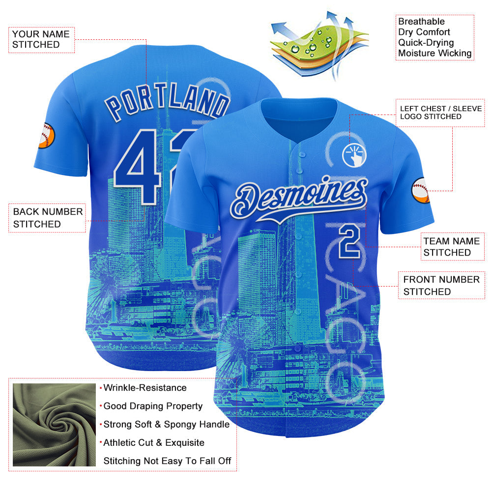 Custom Blue Thunder Blue-White Chicago Illinois Cityscape Skyline City Symbol Authentic Baseball Jersey view 3
