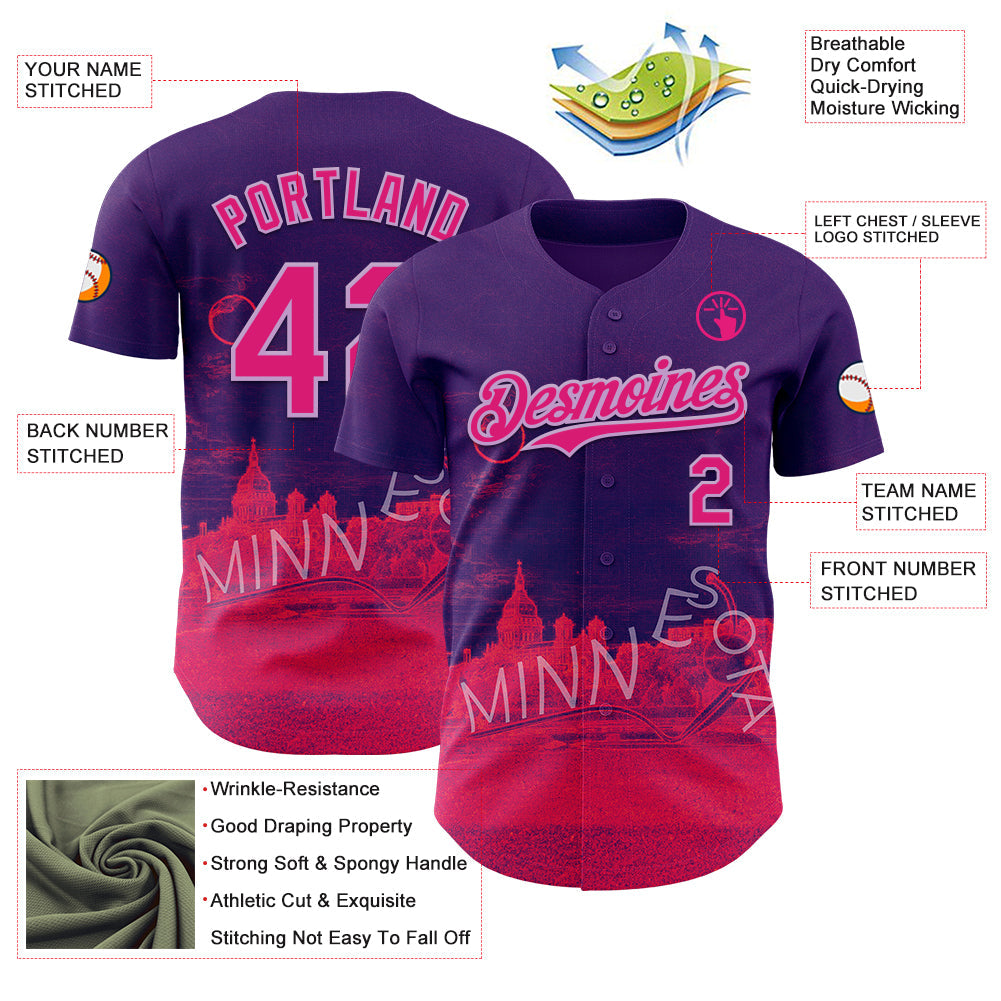 Custom Purple Hot Pink Red-Light Purple Minnesota Sculpture Garden Landmark City Symbol Authentic Baseball Jersey view 3