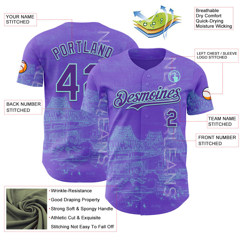 Custom Purple Ice Blue New Orleans Louisiana Mississippi River Bridge Cityscape City Symbol Authentic Baseball Jersey view 3