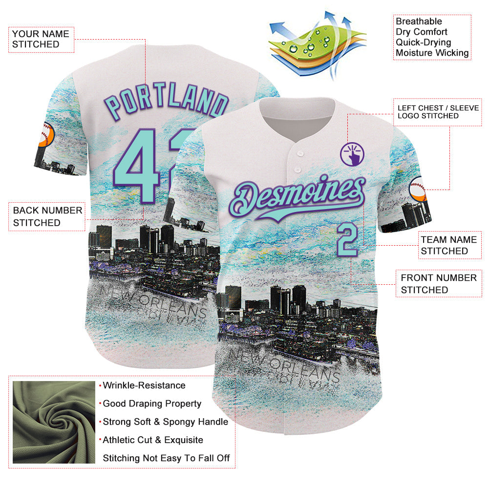 Custom White Ice Blue Black-Purple New Orleans Louisiana Cityscape Skyline City Symbol Authentic Baseball Jersey view 3