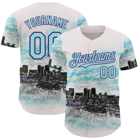 Custom White Ice Blue Black-Purple New Orleans Louisiana Cityscape Skyline City Symbol Authentic Baseball Jersey - Main View