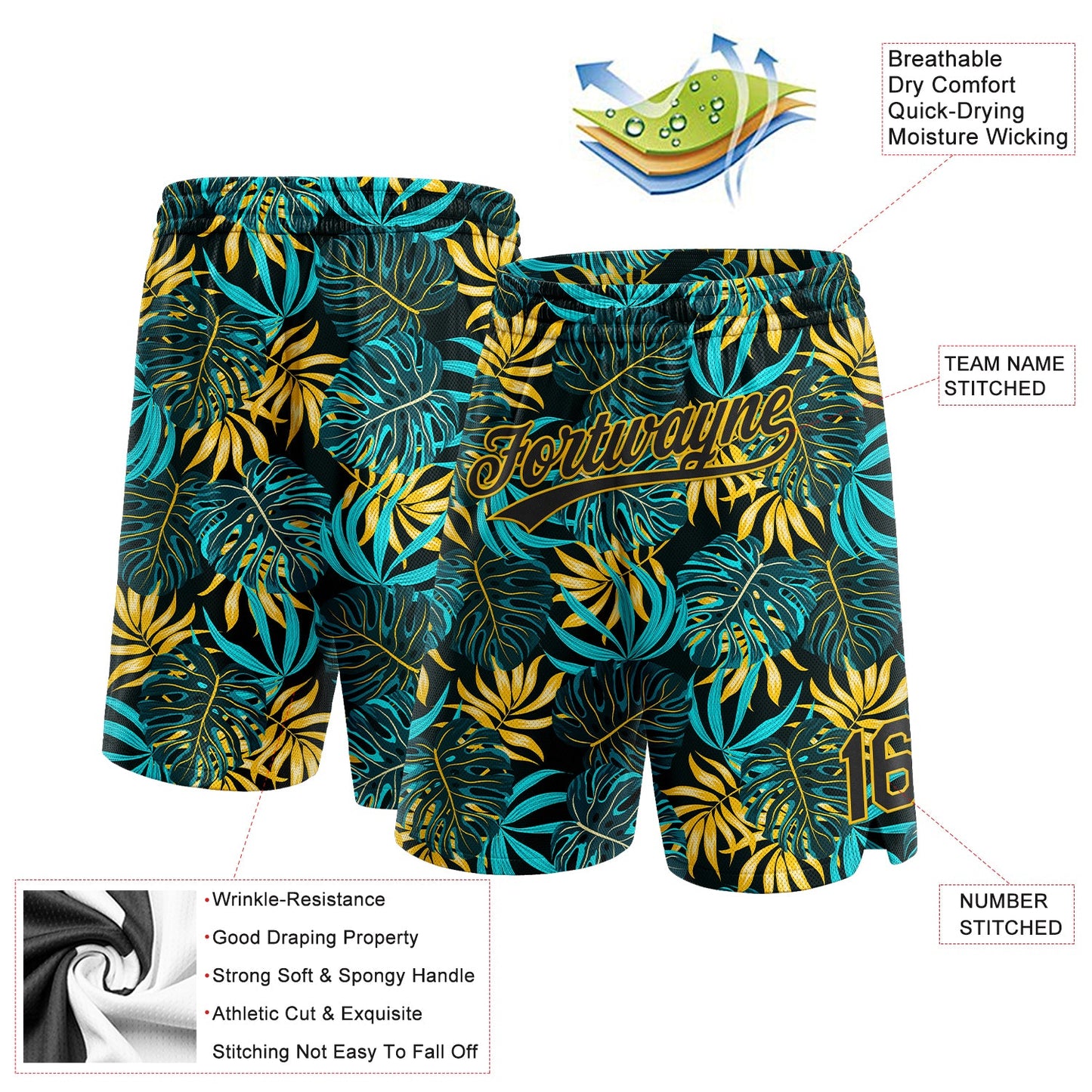 Custom Black Yellow 3D Pattern Tropical Plants Authentic Basketball Shorts view 2