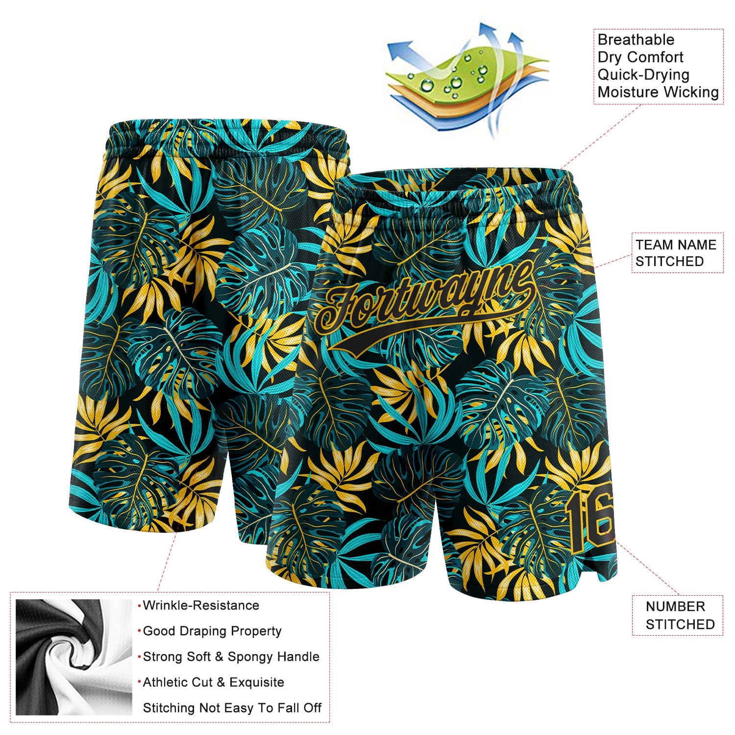 Custom Black Yellow 3D Pattern Tropical Plants Authentic Basketball Shorts view 2