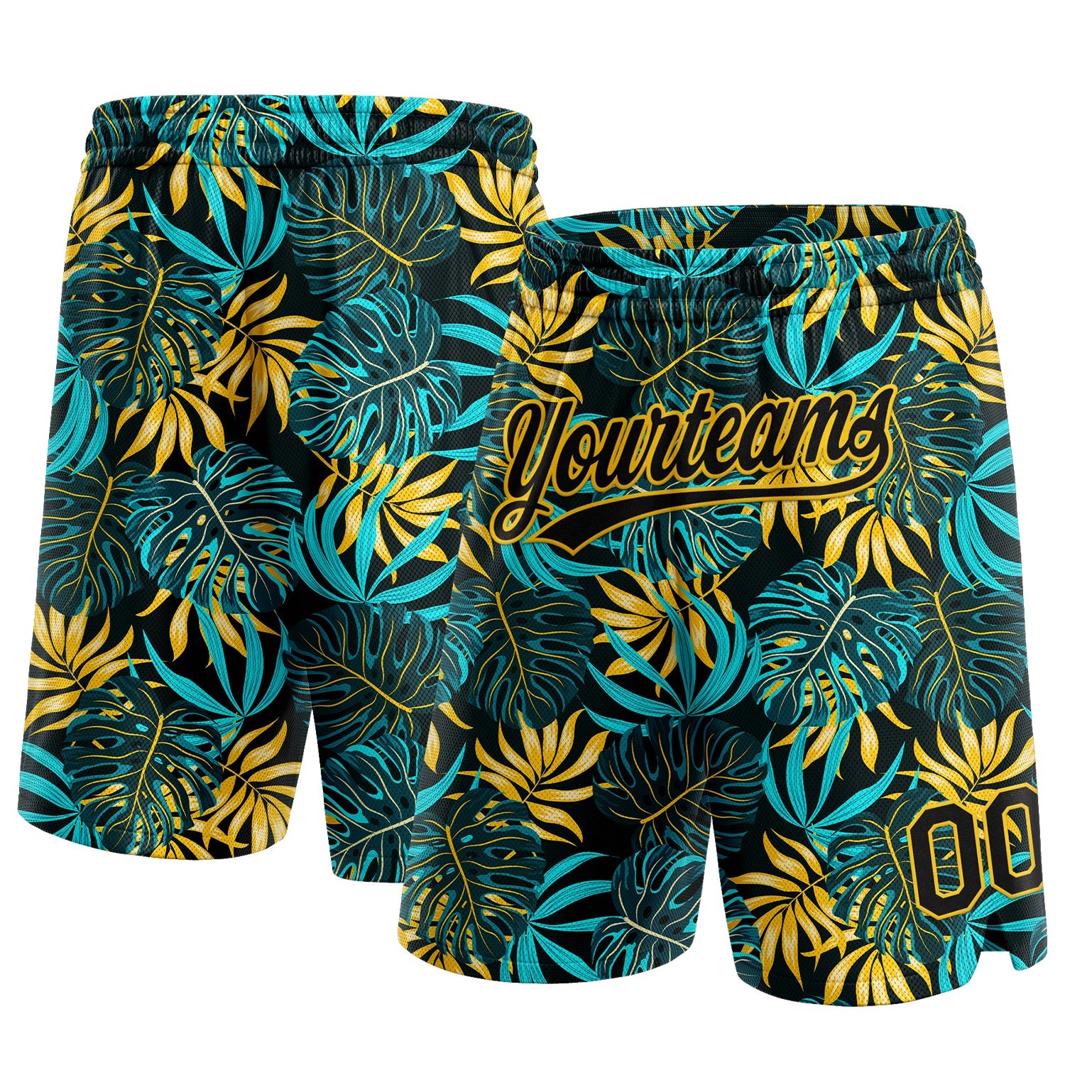 Custom Black Yellow 3D Pattern Tropical Plants Authentic Basketball Shorts - Main View