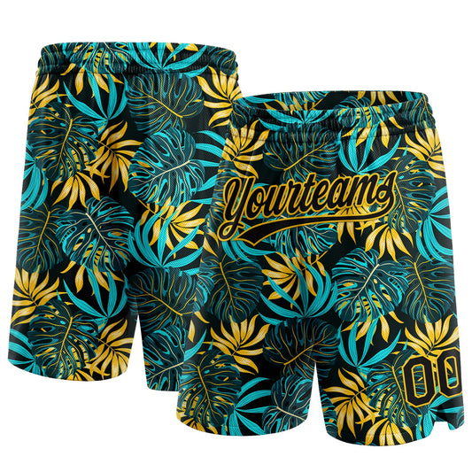 Custom Black Yellow 3D Pattern Tropical Plants Authentic Basketball Shorts - Main View