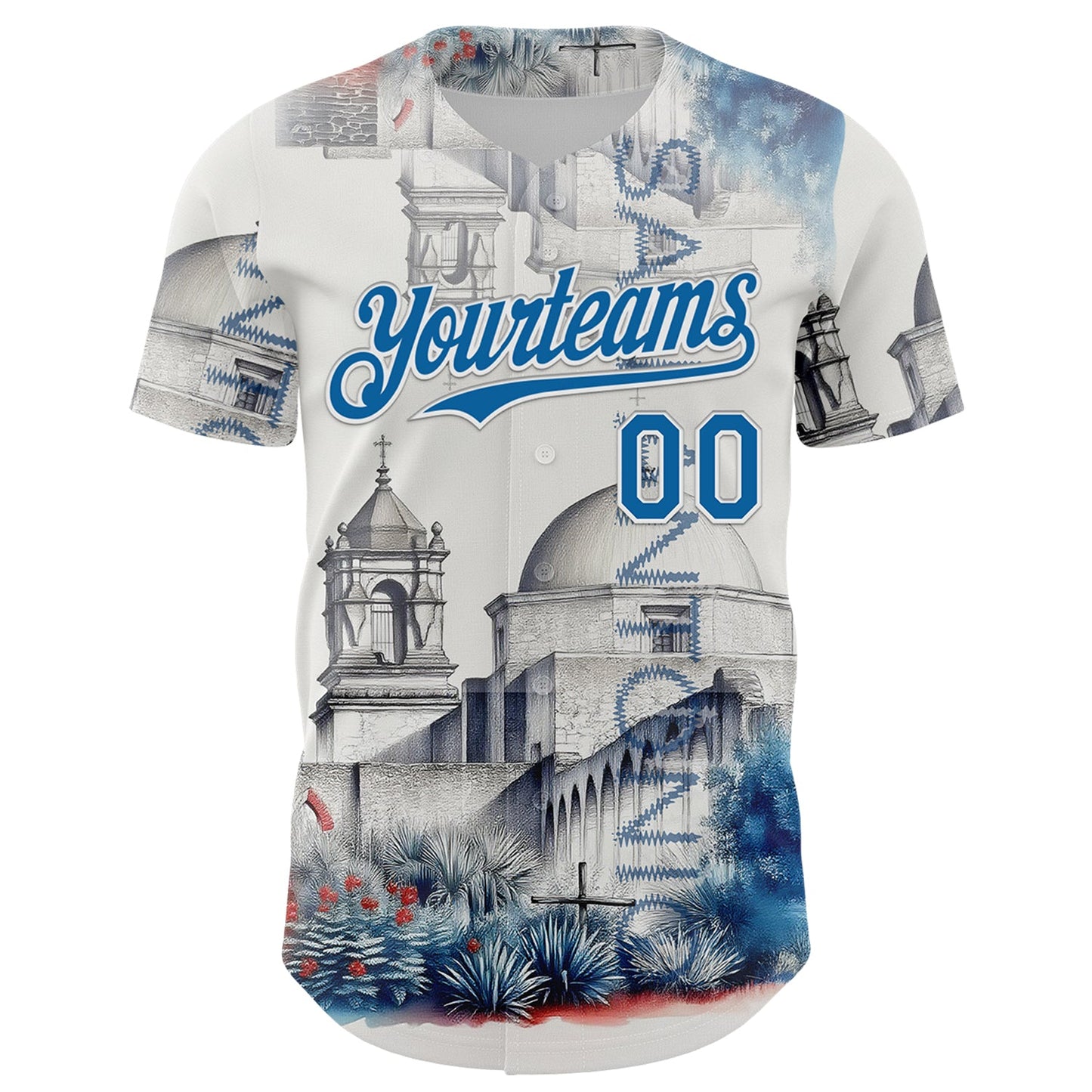 Custom Gray Blue-White San Antonio Texas Mission San Jose Landmark City Symbol Authentic Baseball Jersey view 2