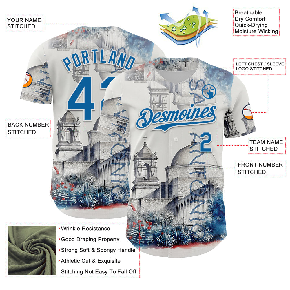 Custom Gray Blue-White San Antonio Texas Mission San Jose Landmark City Symbol Authentic Baseball Jersey view 3