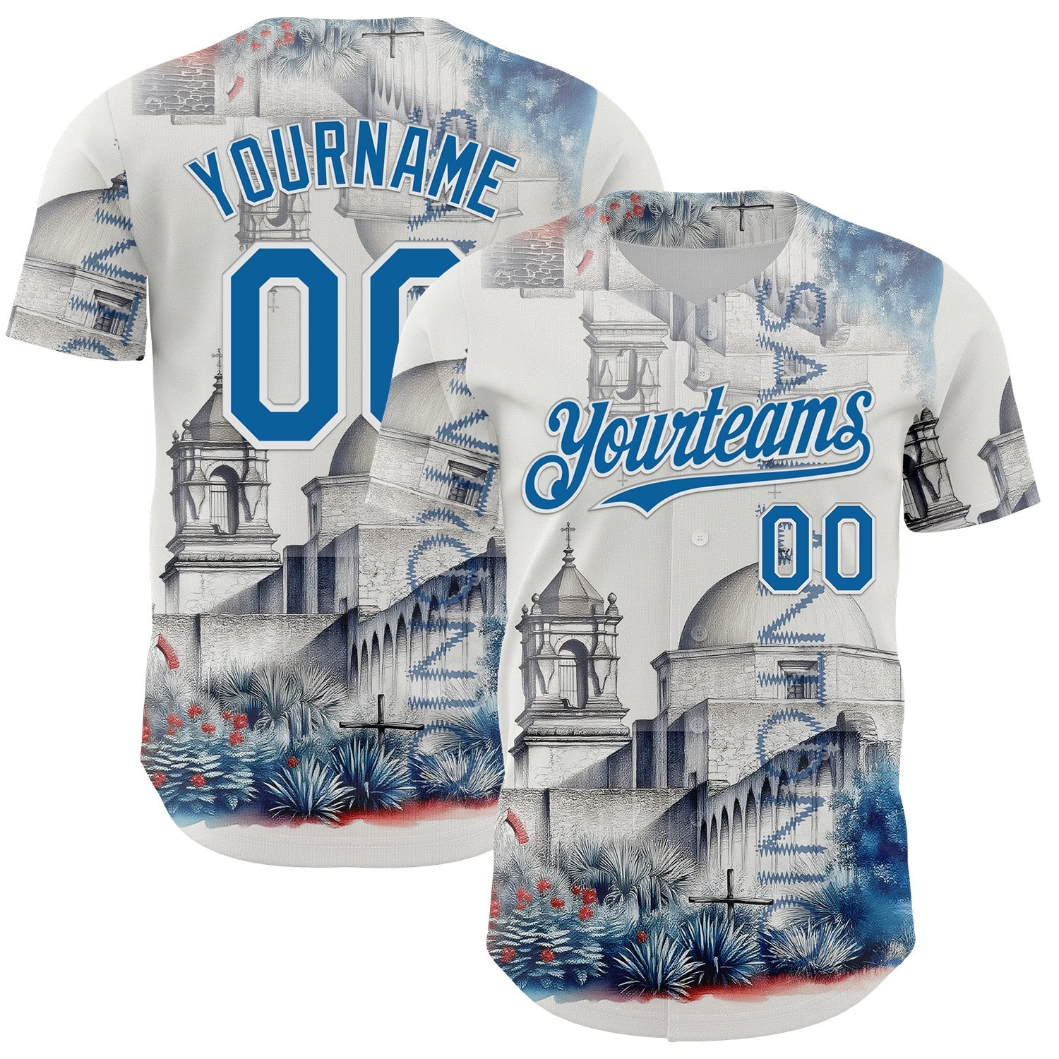 Custom Gray Blue-White San Antonio Texas Mission San Jose Landmark City Symbol Authentic Baseball Jersey - Main View