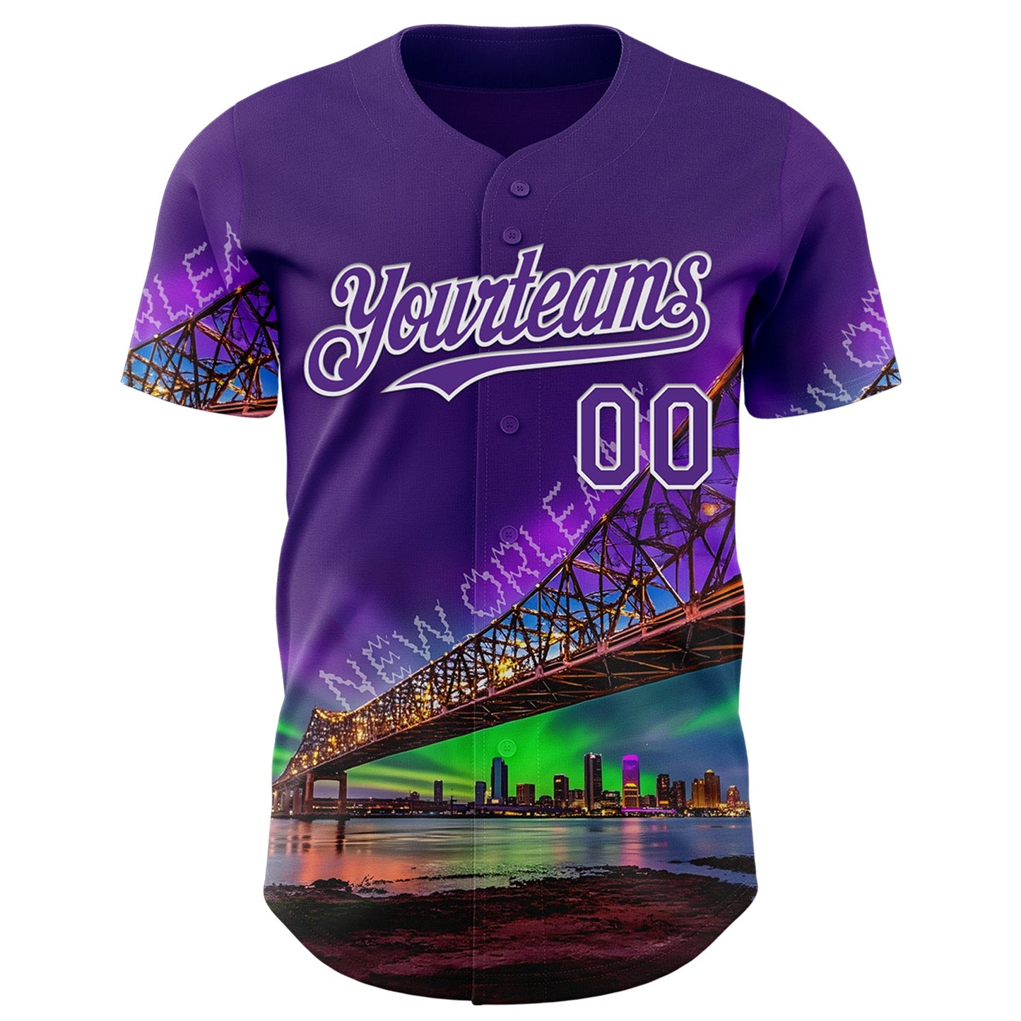 Custom Purple White New Orleans Louisiana Cityscape Landmark City Symbol Authentic Baseball Jersey view 2