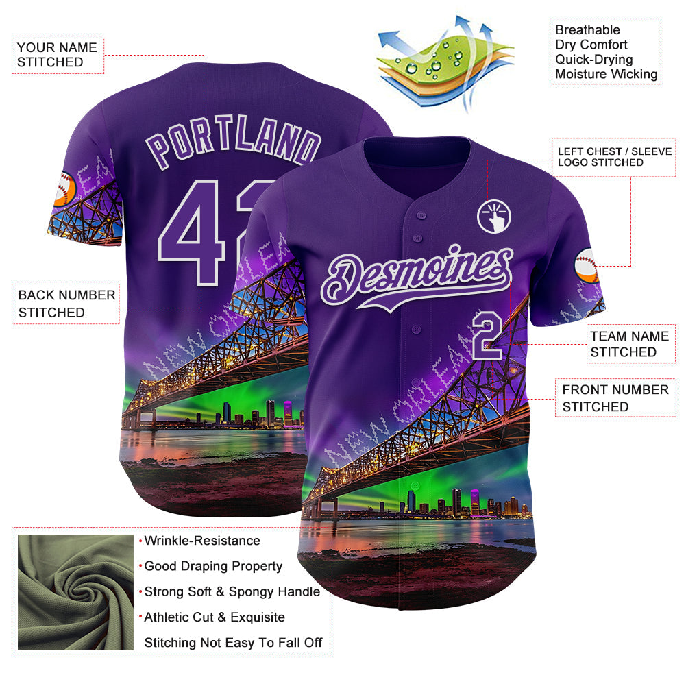 Custom Purple White New Orleans Louisiana Cityscape Landmark City Symbol Authentic Baseball Jersey view 3