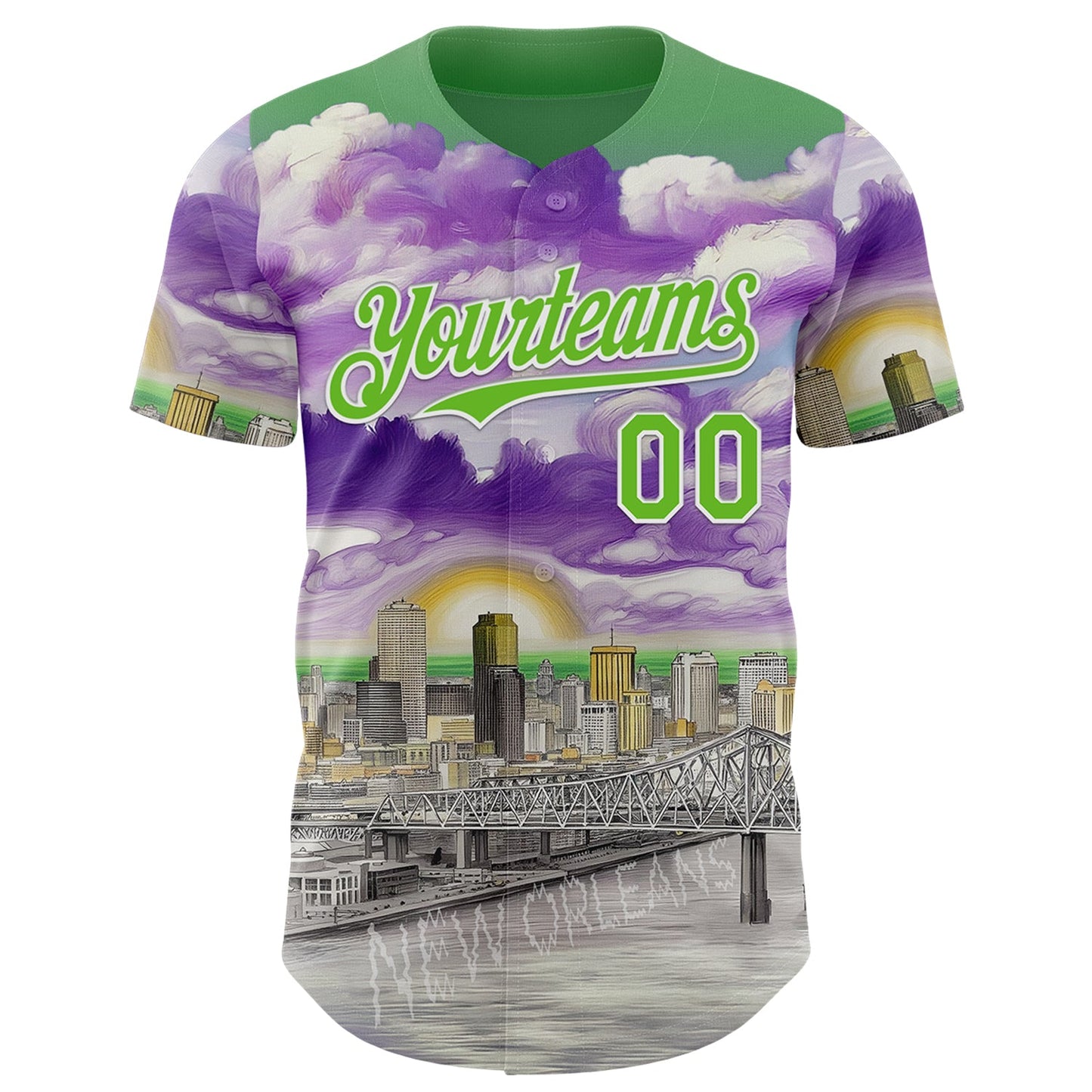 Custom Green Aurora Green Purple Gray-White New Orleans Louisiana Cityscape Landmark City Symbol Authentic Baseball Jersey view 2