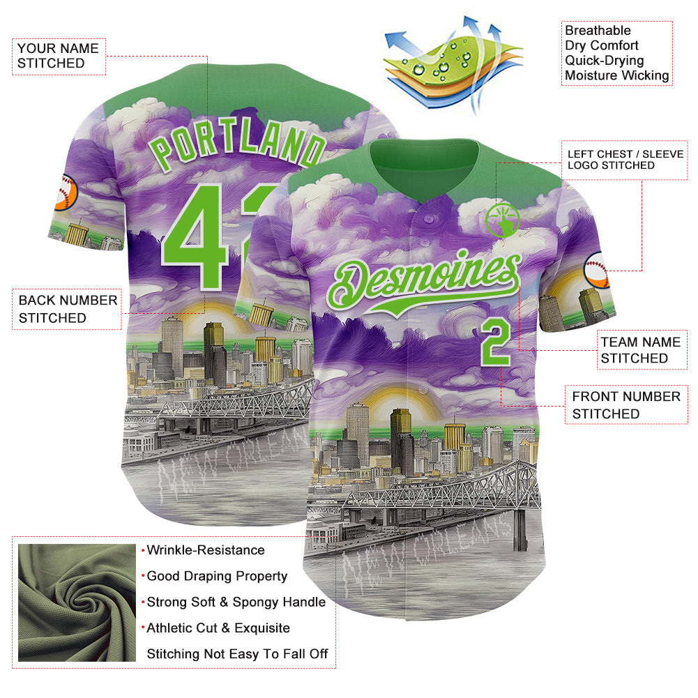 Custom Green Aurora Green Purple Gray-White New Orleans Louisiana Cityscape Landmark City Symbol Authentic Baseball Jersey view 3