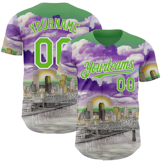 Custom Green Aurora Green Purple Gray-White New Orleans Louisiana Cityscape Landmark City Symbol Authentic Baseball Jersey - Main View