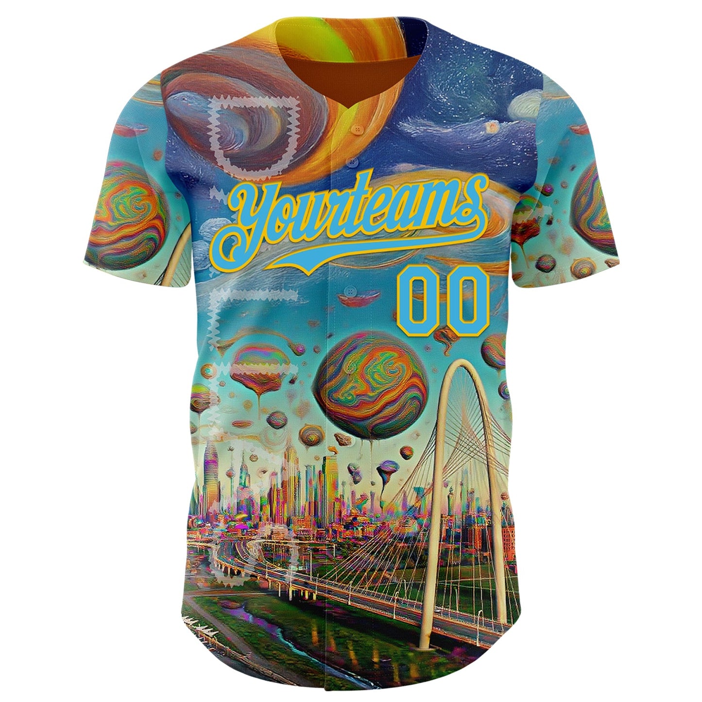 Custom Blue Sky Blue-Yellow Dallas Texas Cityscape Skyline City Symbol Authentic Baseball Jersey view 2