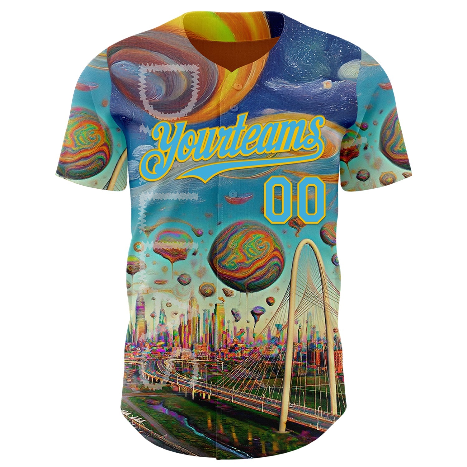 Custom Blue Sky Blue-Yellow Dallas Texas Cityscape Skyline City Symbol Authentic Baseball Jersey view 2