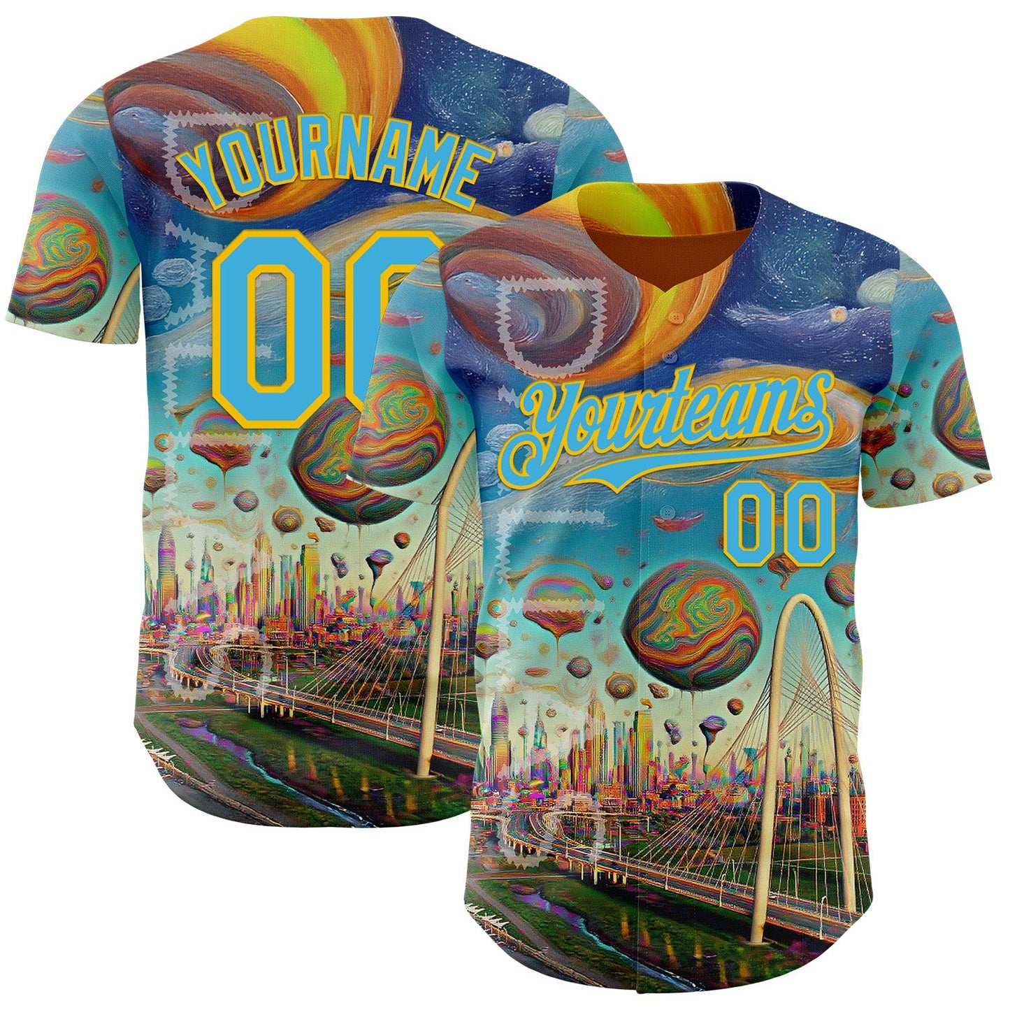 Custom Blue Sky Blue-Yellow Dallas Texas Cityscape Skyline City Symbol Authentic Baseball Jersey - Main View