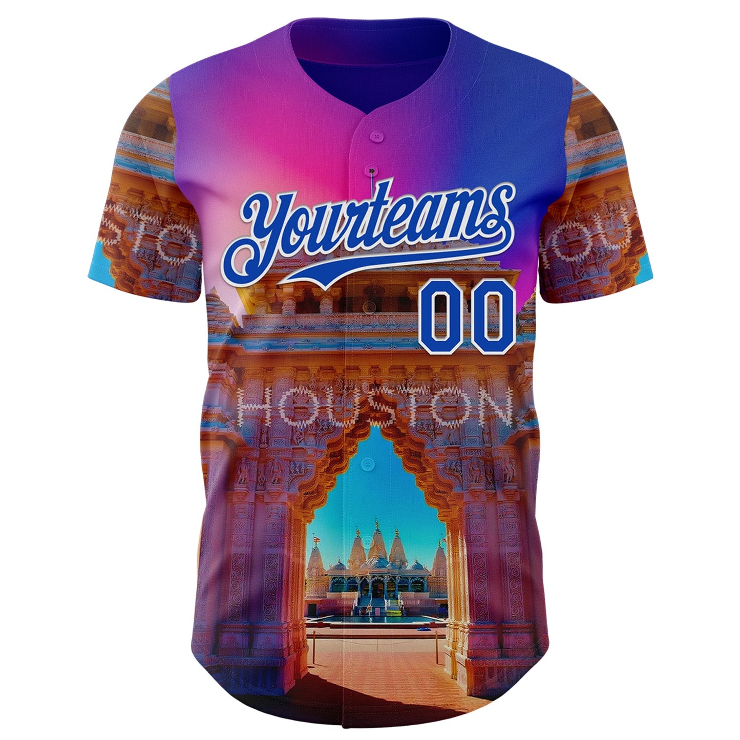 Custom Pink Thunder Blue Orange-White Houston Texas Hindu Temple Landmark City Symbol Authentic Baseball Jersey view 2